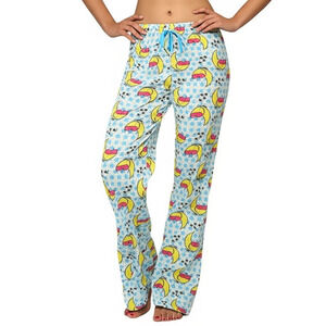 Womens Pajama Pants Large Light Blue Kitty Moon Print Drawstring Relaxed Cozy
